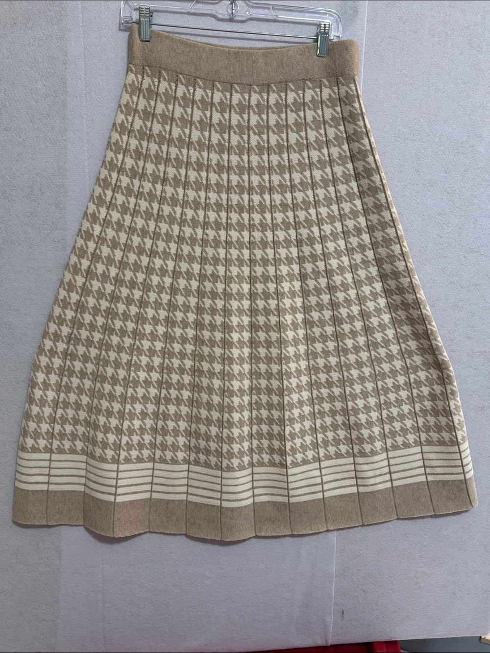 Luna Fall Autumn Beige Houndstooth Pleated A-Line Skirt